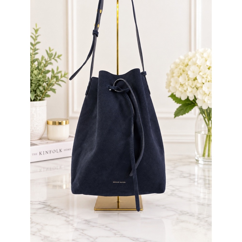 Mansur Gavriel Navy Blue Suede Bucket Bag with Pouch Made in Italy